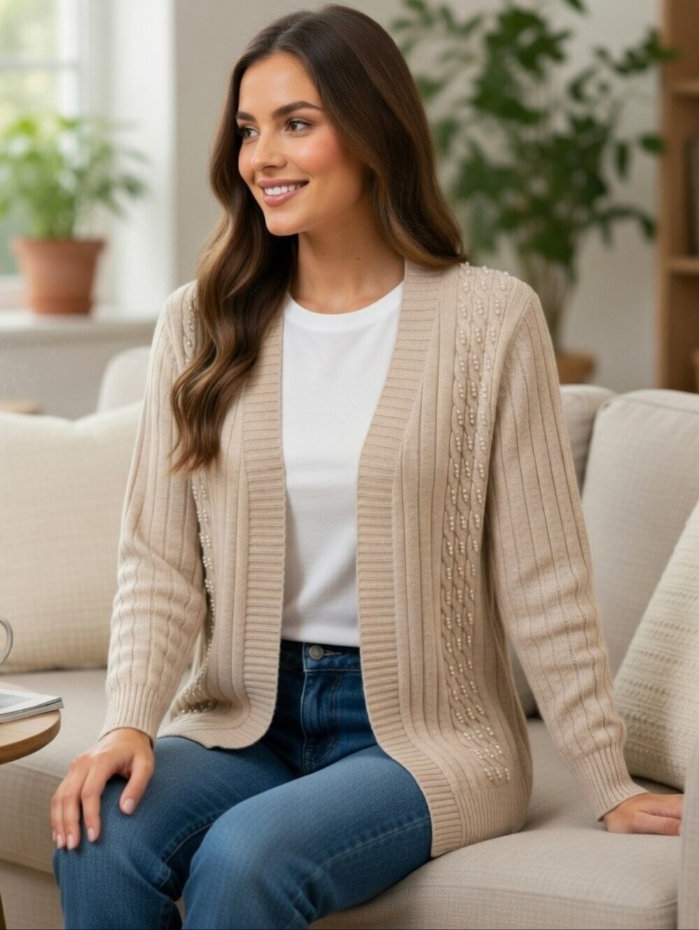 Laura Beaded Cream Colored Open-Front Cardigan Sweater Size XS